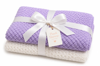 Gift wrapped lilac Blackberry and white Lattice Love baby blanket knitting pattern bundle tied with a white satin ribbon and bow
