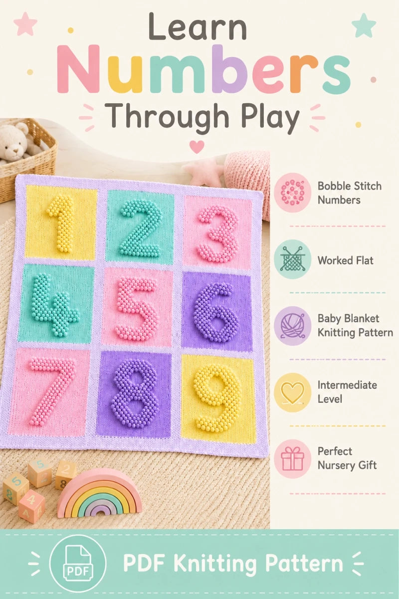 Learn Numbers Through Play infographic featuring a pastel bobble stitch numbers baby blanket knitting pattern