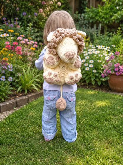 Toddler wearing lion backpack crochet pattern in a garden showing the finished animal backpack design