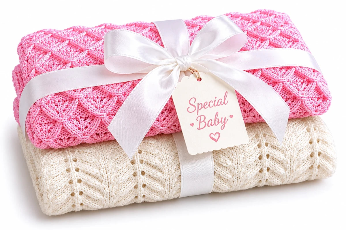 Gift wrapped pink and antique white baby blanket knitting pattern bundle with textured Little Peaks and Wings stitch patterns tied with a white ribbon and Special Baby gift tag on a white background