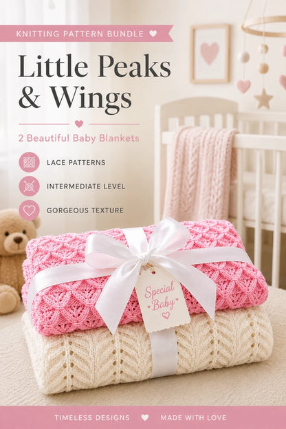 Pinterest style nursery image featuring Little Peaks and Wings baby blanket knitting pattern bundle with pink and antique white lace blankets, intermediate level knitting patterns, and gorgeous textured stitch detail in a soft nursery setting