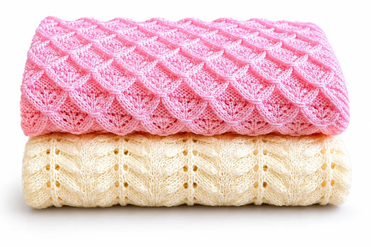 Folded pink and cream baby blanket knitting pattern bundle with textured Little Peaks and Wings stitch patterns on a white background with soft shadow