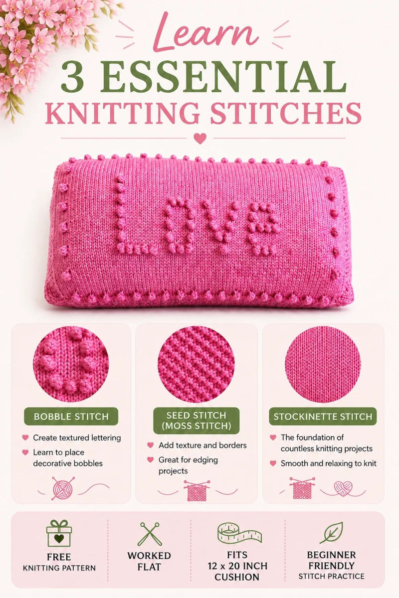 Love Pillow free knitting pattern infographic showing bobble stitch, seed stitch (moss stitch) and stockinette stitch techniques for beginner knitting practice.