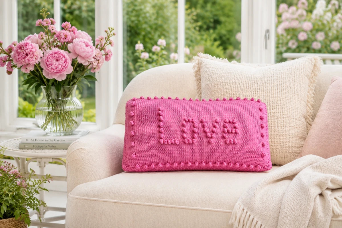 Pink knitted Love Pillow displayed on a soft cream sofa in a bright conservatory with pink flowers and garden views