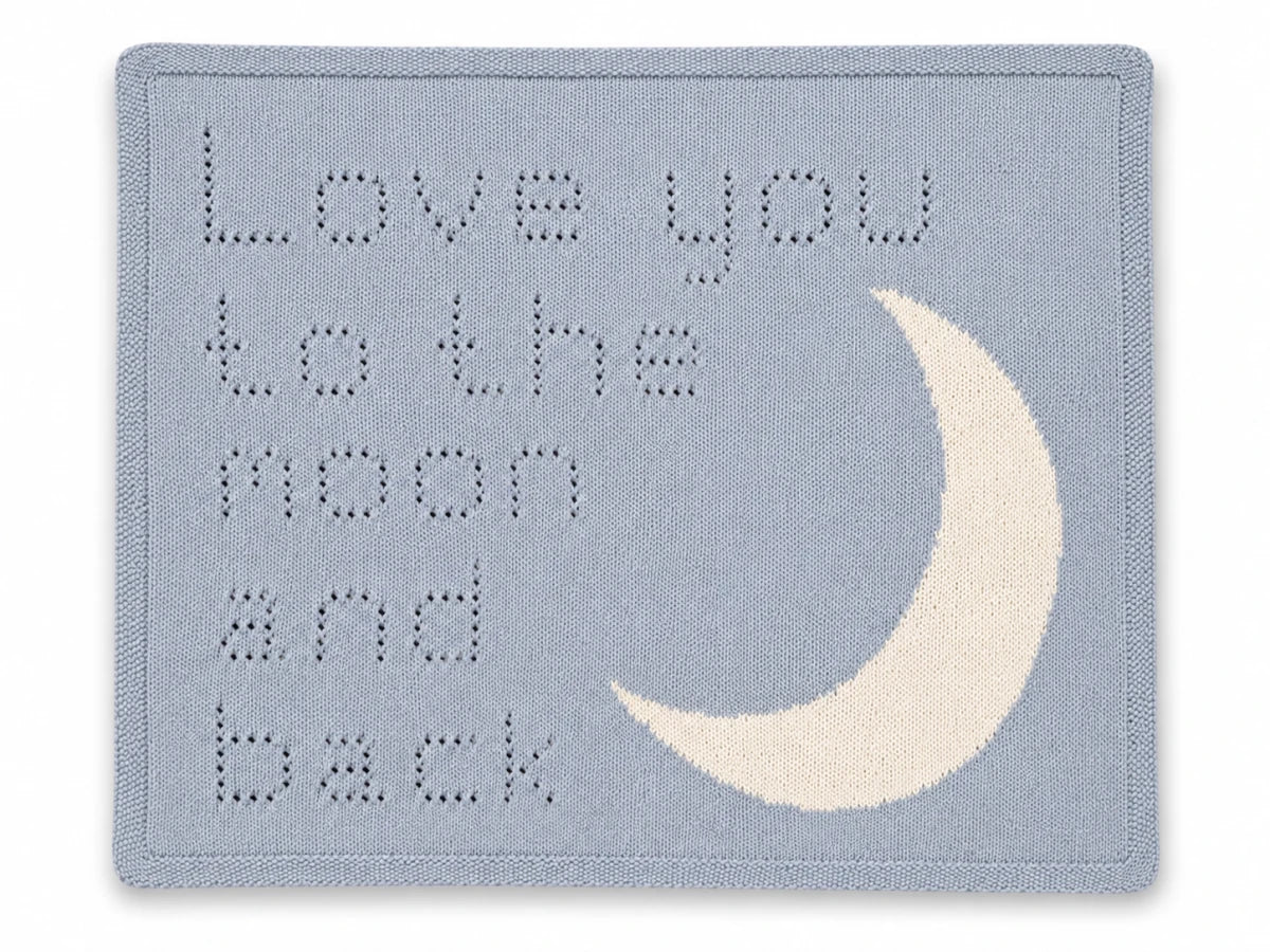 Love You to the Moon and Back baby blanket knitting pattern with crescent moon and eyelet wording