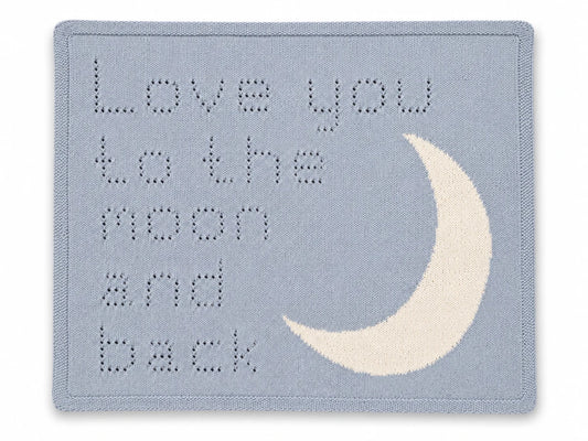 Love You to the Moon and Back baby blanket knitting pattern with antique white moon motif and eyelet text on a soft grey background