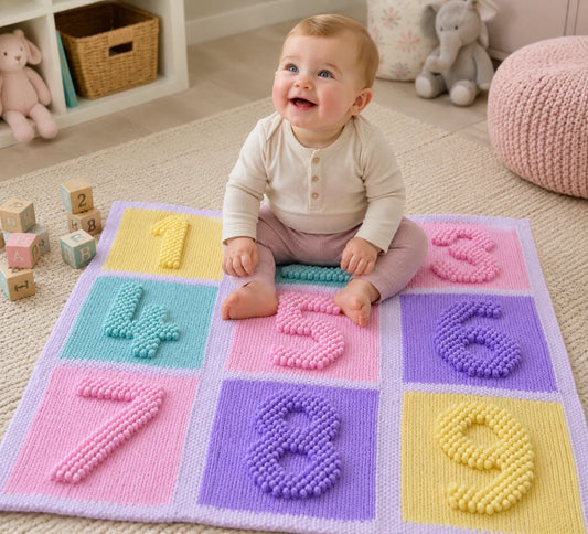 Baby sitting on a pastel numbers baby blanket with bobble stitch numbers in a soft nursery setting