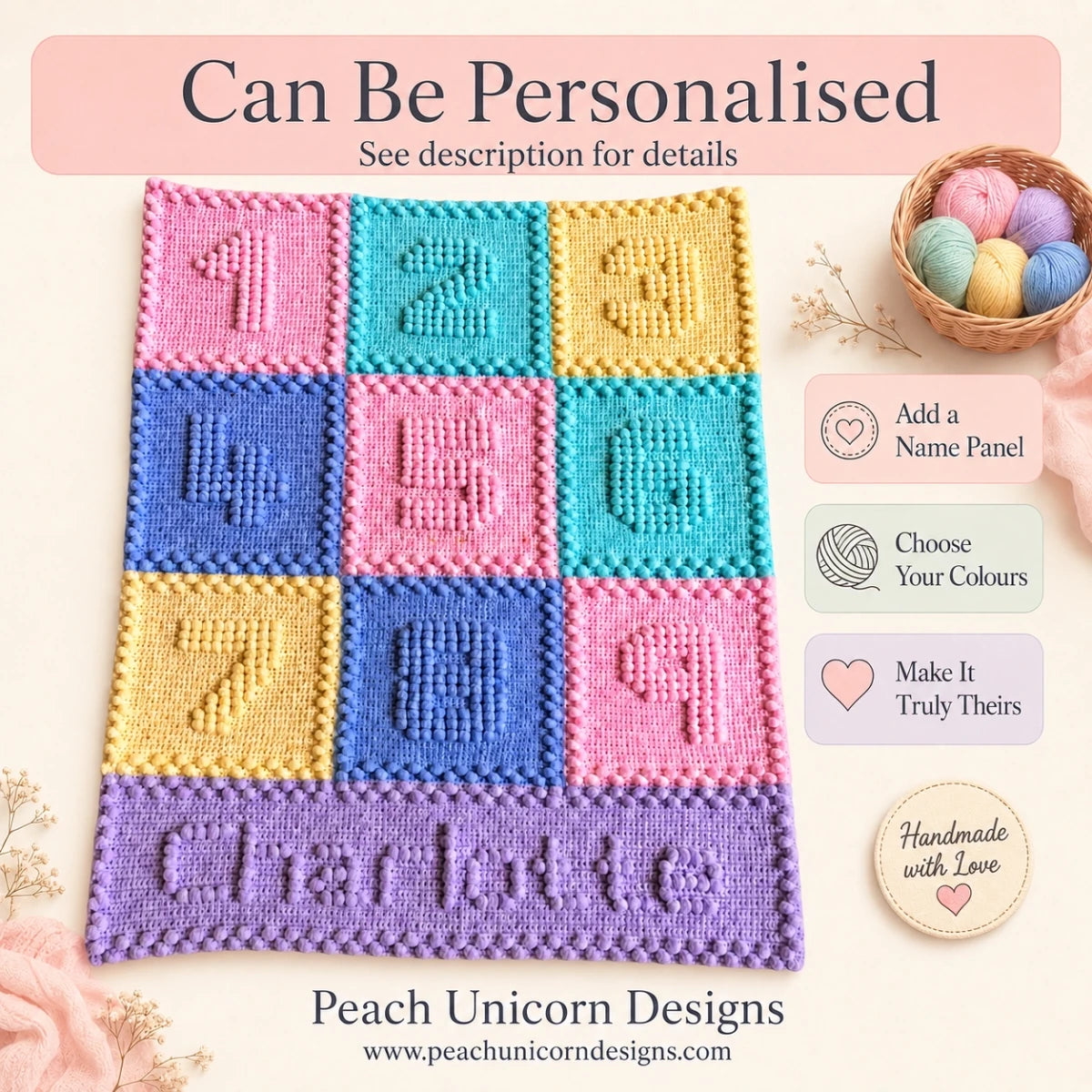 Numbers Motifs crochet baby blanket personalised with a lilac name panel reading Charlotte.