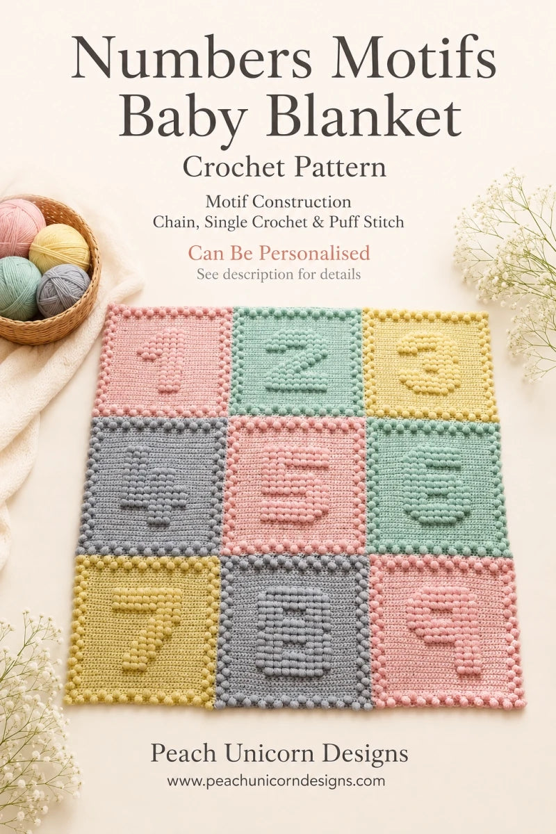 Numbers Motifs Baby Blanket crochet pattern featuring pastel number squares and puff stitch details.