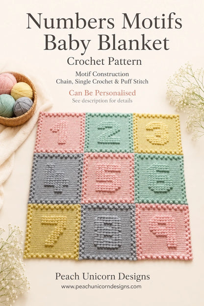 Numbers Motifs Baby Blanket crochet pattern featuring pastel number squares and puff stitch details.