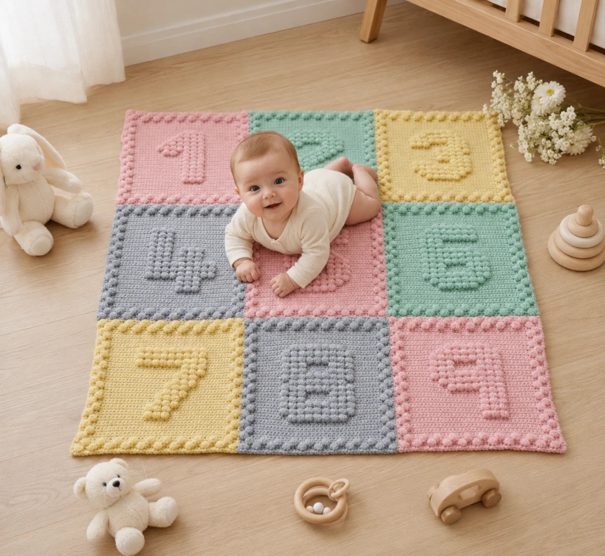 Three-month-old baby enjoying tummy time on a pastel Numbers Motifs crochet baby blanket with wooden and soft toys.