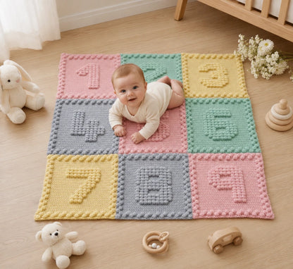 Three-month-old baby enjoying tummy time on a pastel Numbers Motifs crochet baby blanket with wooden and soft toys.