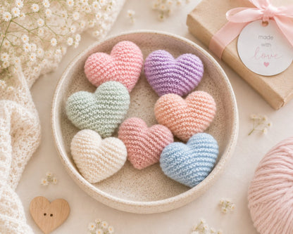 Pastel knitted hearts arranged in ceramic bowl flatlay with soft nursery styling