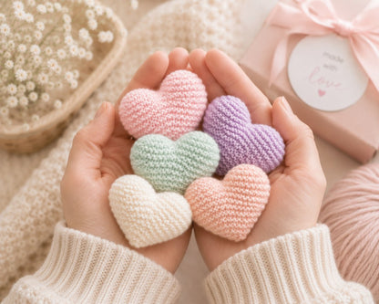 Pastel knitted hearts held in cupped hands in soft nursery setting