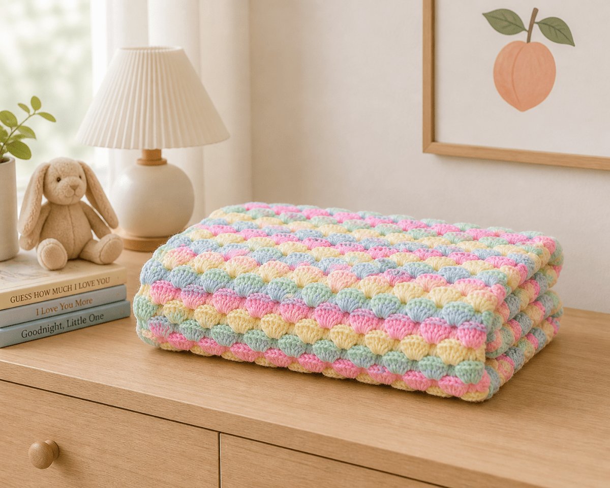 Pastel crochet shell stitch baby blanket styled in a soft neutral nursery