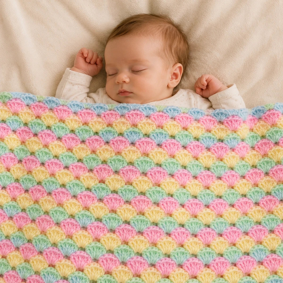 Sleeping baby covered with the Pastel Shells crochet baby blanket featuring pastel shell stitch texture in pink blue peach green and yellow colours with repeating 7 double crochet shell pattern using US crochet terms