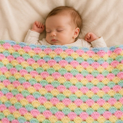 Sleeping baby covered with the Pastel Shells crochet baby blanket featuring pastel shell stitch texture in pink blue peach green and yellow colours with repeating 7 double crochet shell pattern using US crochet terms