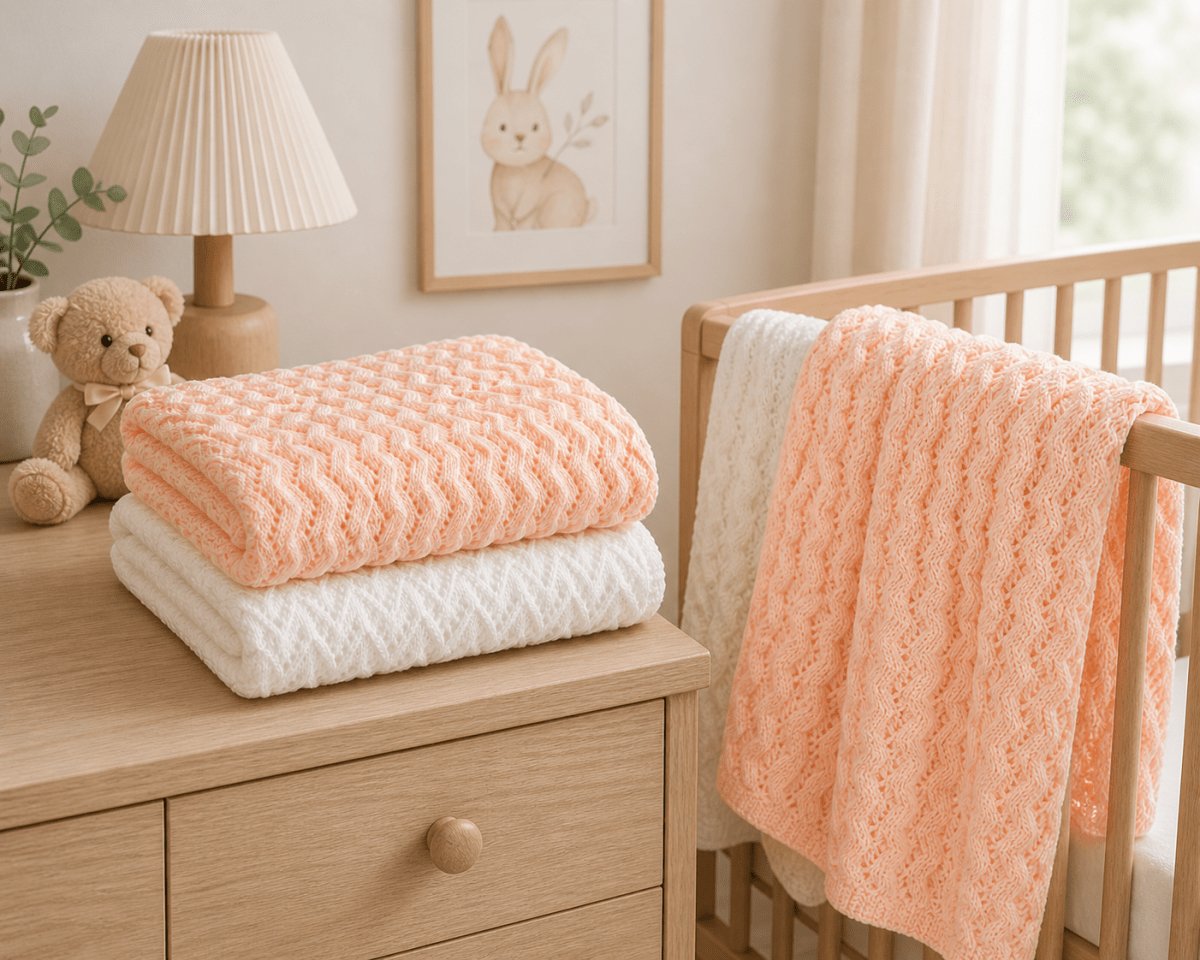 Peach and white knitted baby blankets styled in a soft neutral nursery