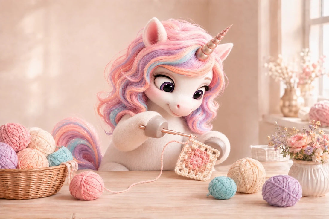 Peach the Unicorn crocheting a granny square for the 4 for 3 crochet pattern offer