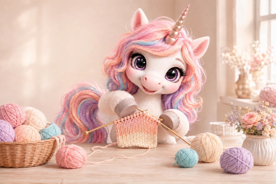 Peach the Unicorn knitting with pastel yarn for the 4 for 3 knitting pattern offer