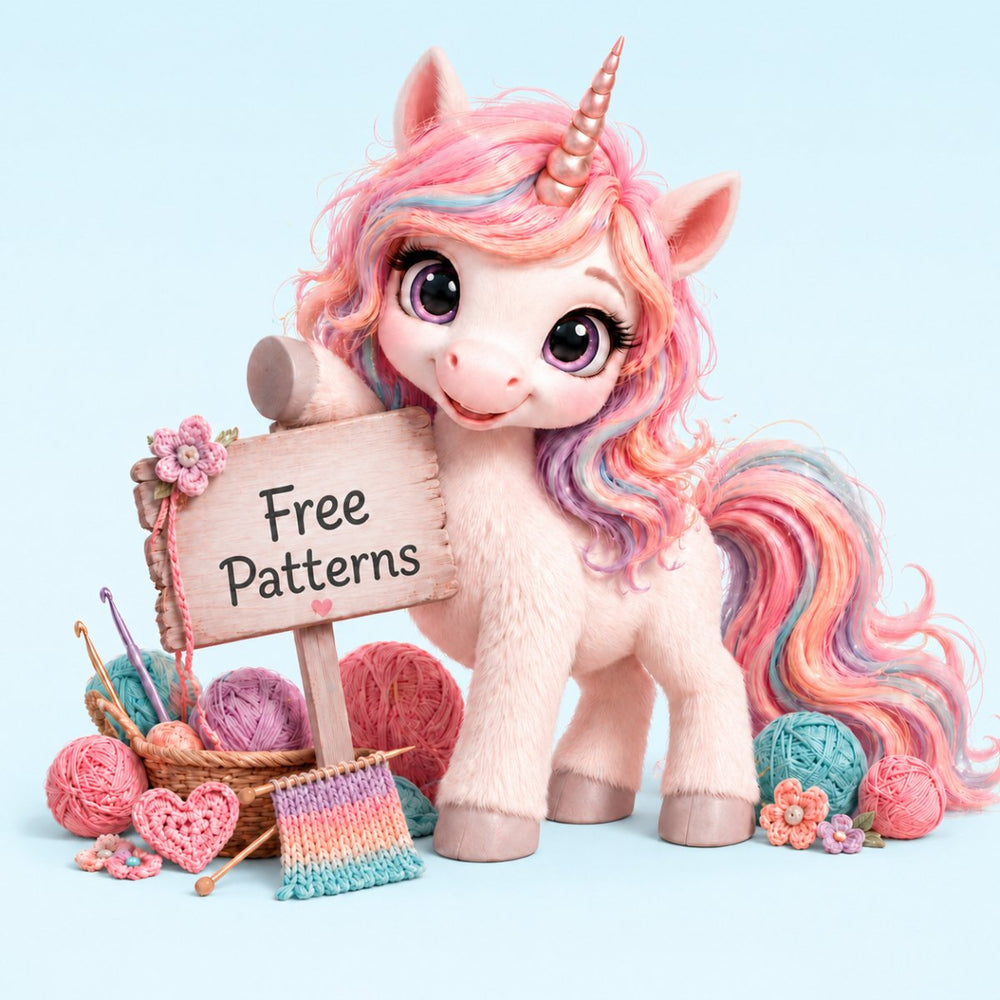 Peach the Unicorn presenting free knitting and crochet patterns