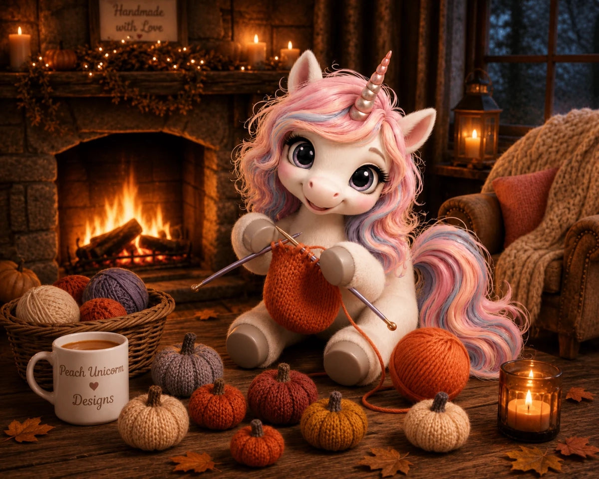 Peach Unicorn knitting a pumpkin beside a cosy autumn fireplace with orange yarn, knitted pumpkins and candles promoting a worked flat pumpkin knitting pattern by Peach Unicorn Designs