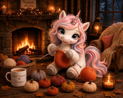 Peach Unicorn knitting a pumpkin beside a cosy autumn fireplace with orange yarn, knitted pumpkins and candles promoting a worked flat pumpkin knitting pattern by Peach Unicorn Designs