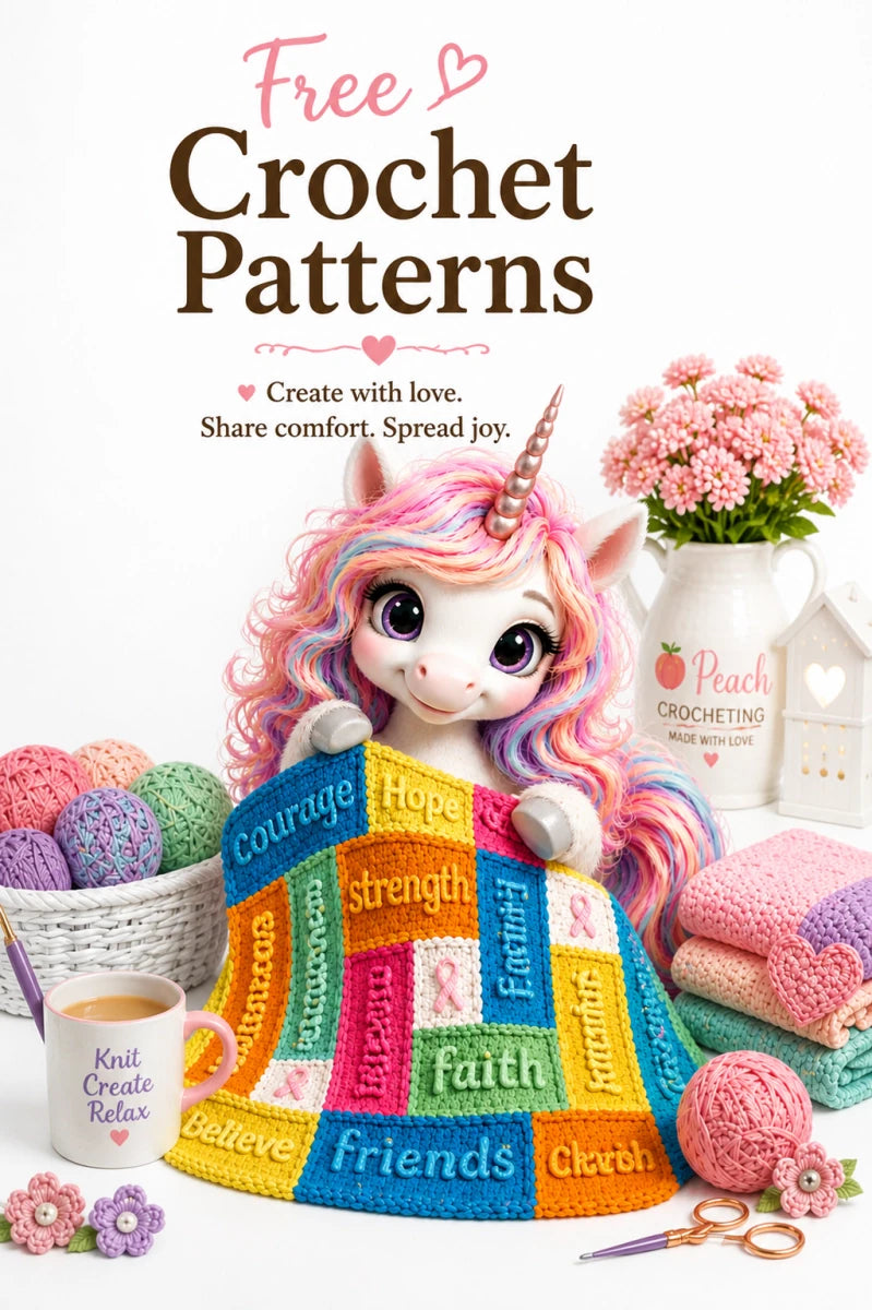 Peach Unicorn holding the cancer support Blanket  surrounded by yarn and needlework accessories 