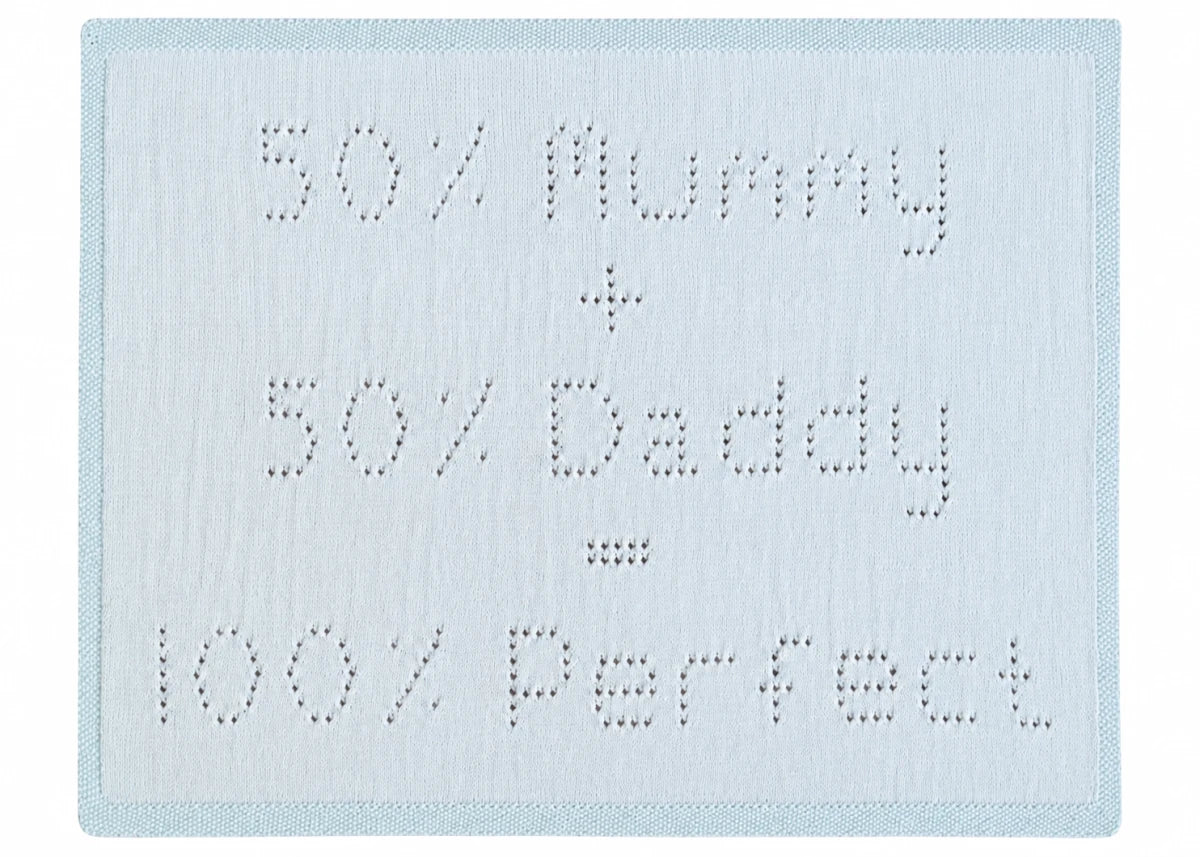 100 Percent Perfect baby blanket knitting pattern with eyelet Mummy and Daddy equation lettering