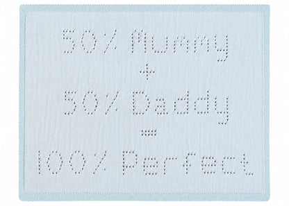 100 Percent Perfect baby blanket knitting pattern with eyelet lettering reading 50 percent Mummy plus 50 percent Daddy equals 100 percent Perfect