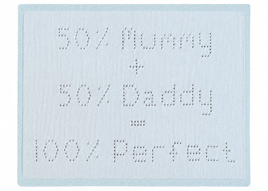 100 Percent Perfect baby blanket knitting pattern with eyelet lettering reading 50 percent Mummy plus 50 percent Daddy equals 100 percent Perfect