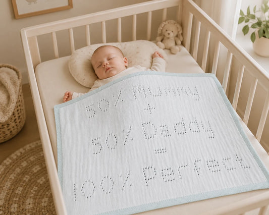 Sleeping baby covered with the 100 Percent Perfect knitted baby blanket in a neutral nursery with soft cream and mint decor