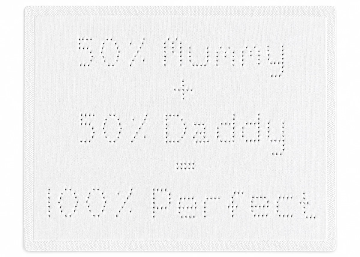 100 Percent Perfect baby blanket knitting pattern with eyelet message and worked flat in one piece in white