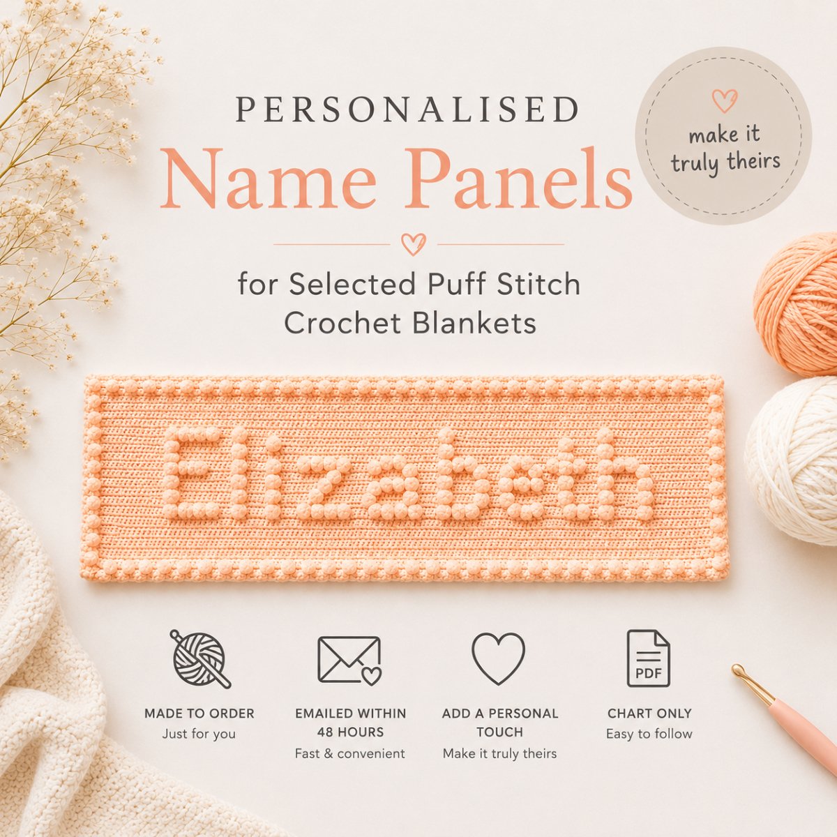 Personalised puff stitch crochet name panels for baby blankets and custom crochet projects