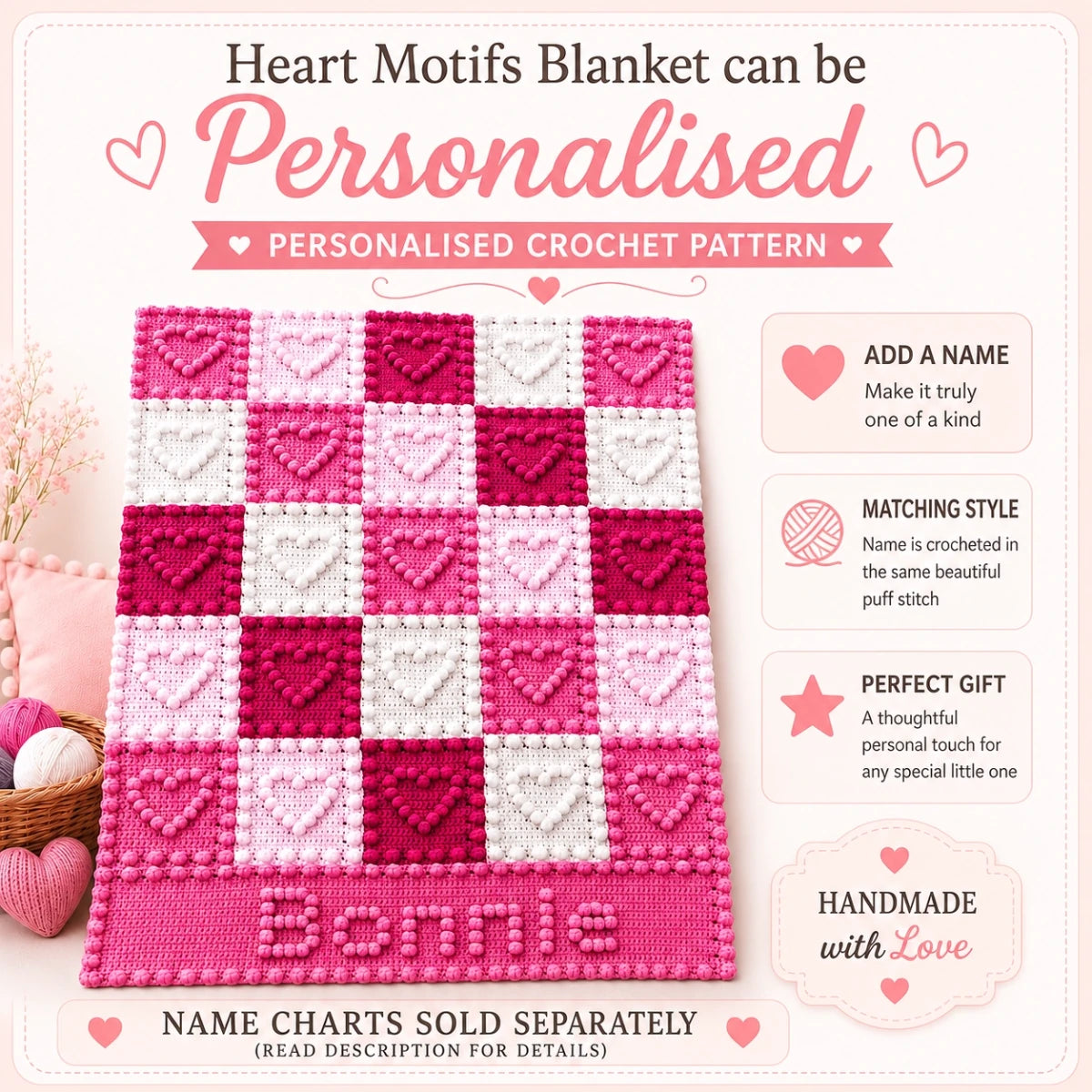 Personalised heart motifs crochet baby blanket pattern with custom name chart panel in pink and white puff stitch squares by Peach Unicorn Designs