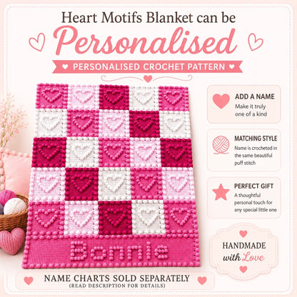 Personalised heart motifs crochet baby blanket pattern with custom name chart panel in pink and white puff stitch squares by Peach Unicorn Designs