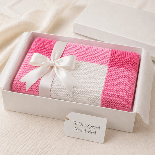 Gift-wrapped pink gingham baby blanket knitted in one piece using Intarsia colourwork.
