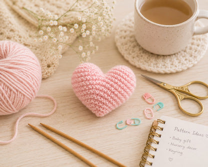 Pink knitted heart surrounded by knitting needles, pastel yarn, scissors and tea in a cosy crafting flatlay scene.