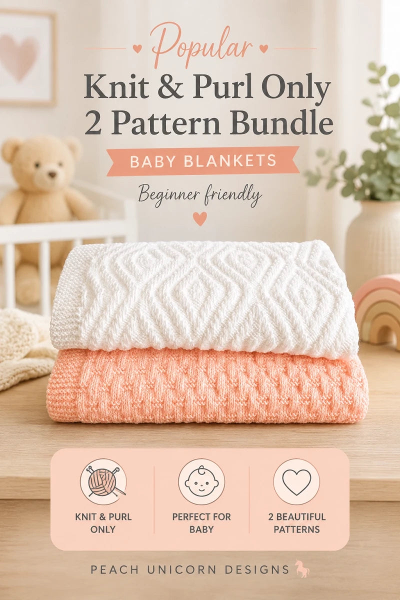 Pinterest image for beginner friendly knit and purl only baby blanket knitting pattern bundle with cosy nursery styling and peach & white  baby blankets