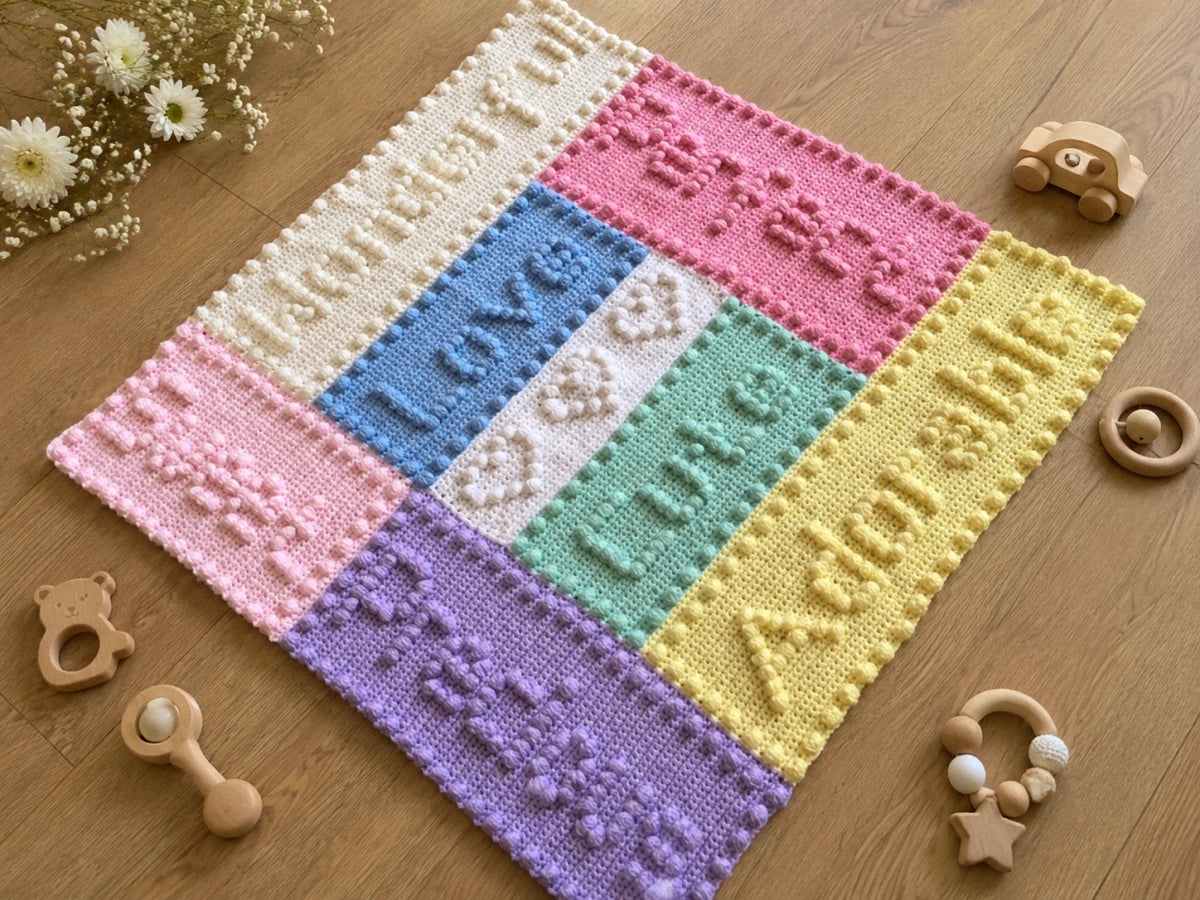 Precious Motifs Baby Blanket crochet pattern displayed on a wooden floor with white flowers and wooden baby toys in soft pastel colours.