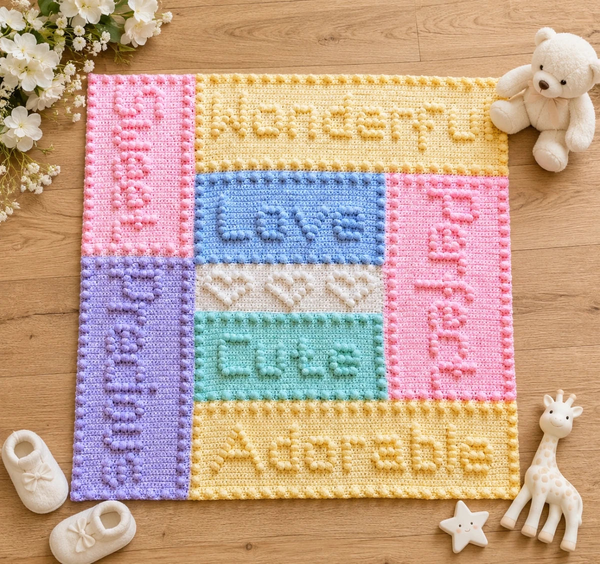 Precious Motifs Baby Blanket crochet pattern laid on a wooden floor with white flowers, teddy bear and baby toys in a nursery setting.