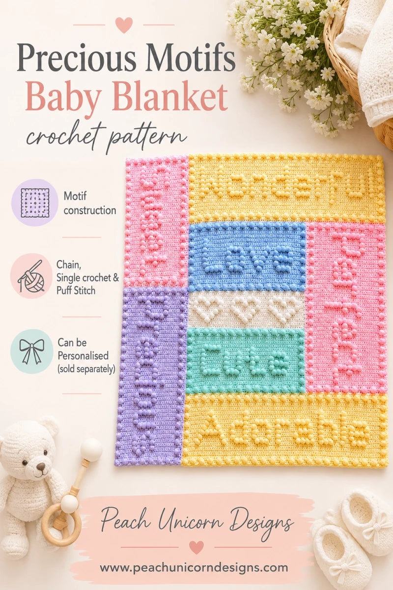 Pinterest promotional graphic for the Precious Motifs Baby Blanket crochet pattern showing motif construction, puff stitch design and personalisation option.