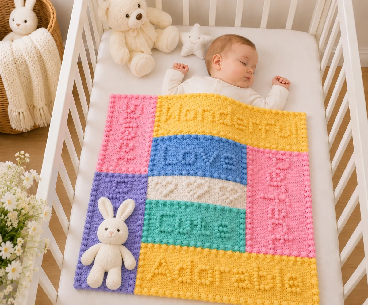 Sleeping baby covered with the Precious Motifs Baby Blanket crochet pattern in a white cot with soft nursery décor and plush toys.