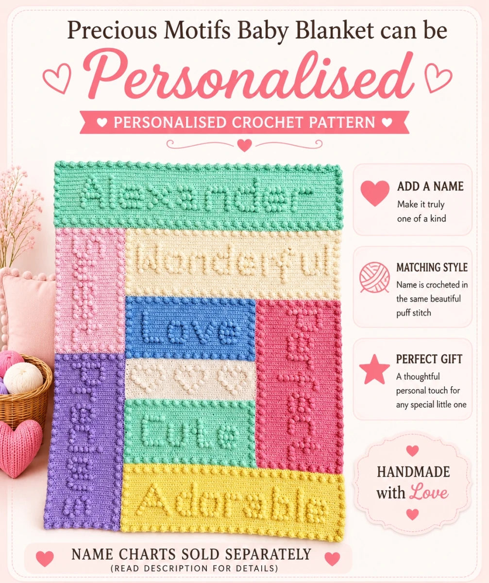 Precious Motifs Baby Blanket personalised crochet pattern promotional image showing the blanket with optional personalised name panel design in pastel puff stitch motifs.