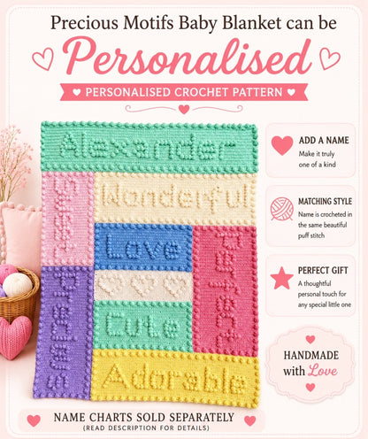 Precious Motifs Baby Blanket personalised crochet pattern promotional image showing the blanket with optional personalised name panel design in pastel puff stitch motifs.