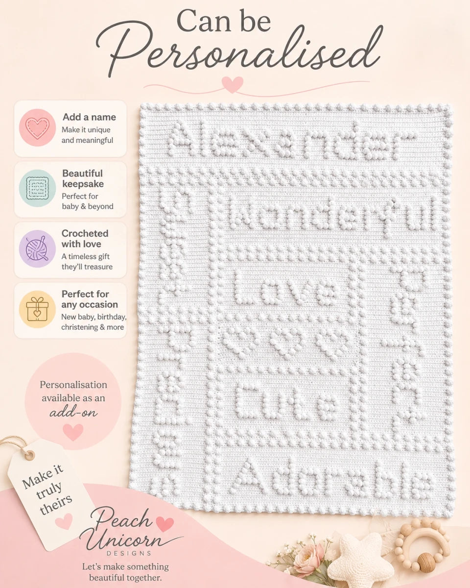 Precious One-Piece Baby Blanket crochet pattern shown with optional personalised name panel add-on.