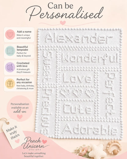 Precious One-Piece Baby Blanket crochet pattern shown with optional personalised name panel add-on.