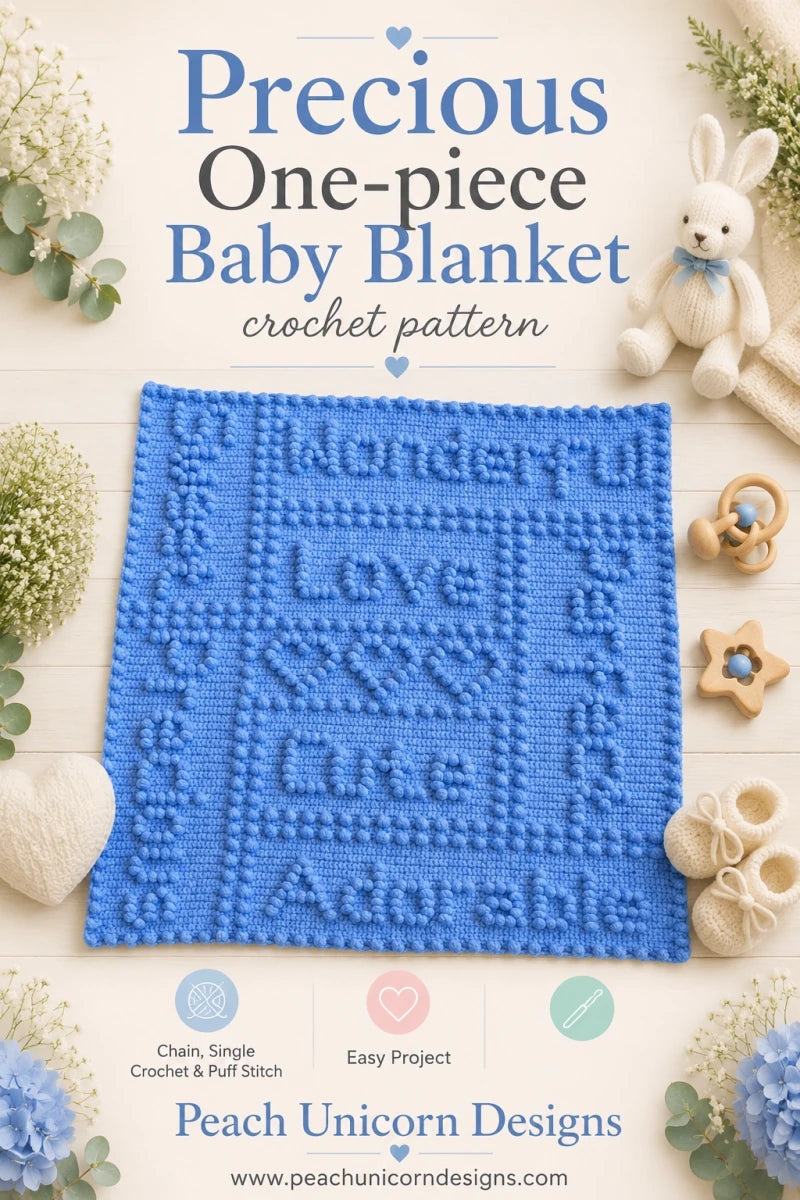 Pinterest graphic for the Precious One-Piece Baby Blanket crochet pattern featuring puff stitch wording and hearts.