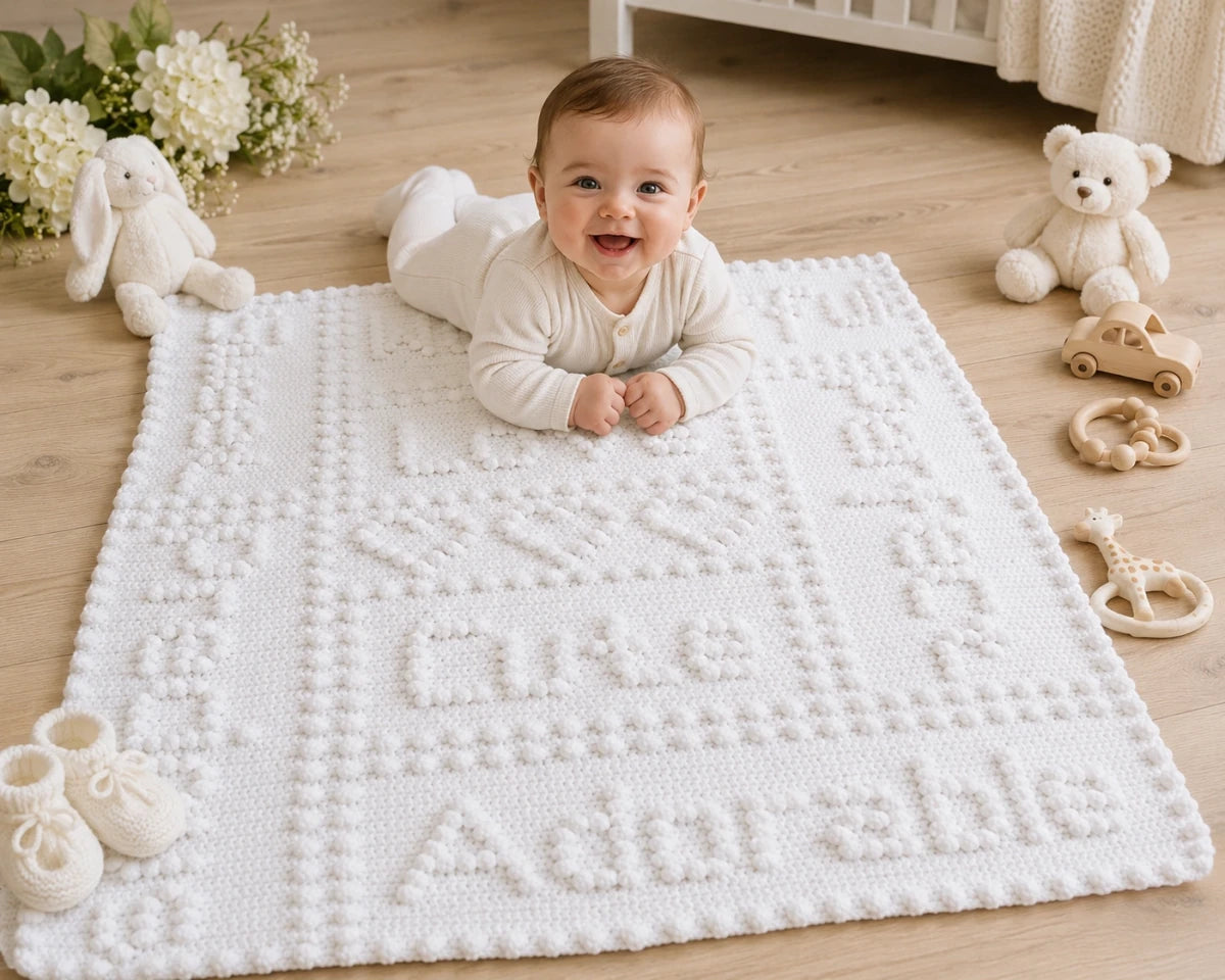 Baby enjoying tummy time on the white Precious One-Piece Baby Blanket crochet pattern in a neutral nursery.