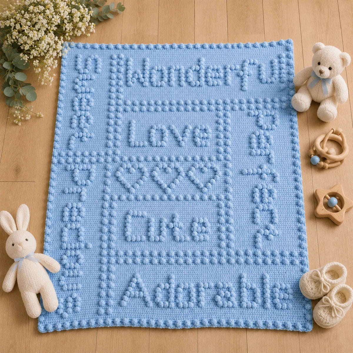 Soft blue Precious One-Piece Baby Blanket crochet pattern displayed on a wooden floor with white flowers and baby toys.